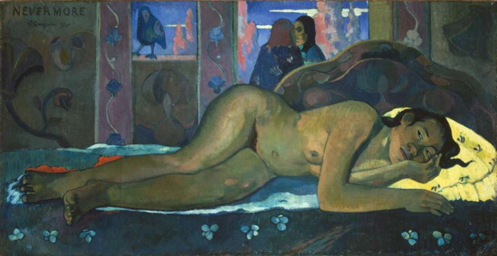 Courtauld 07 Paul Gauguin - Nevermore 7. Paul Gauguin � Nevermore. 1897, 61 x 116cm. The painting sets up a triangular relationship between the nude figure, the bird, seemingly watching, and the clothed figures in the background, turned away and talking. Gauguin: �I wished to suggest by means of a simple nude a certain long-lost barbarian luxury. . . . Man�s imagination alone has enriched this dwelling with his fantasy. As a title, Nevermore; not the raven of Edgar Poe, but the bird of the devil that is keeping watch�.